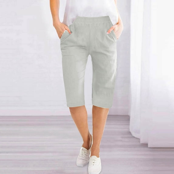 jobturf Cotton Linen Shorts for Women Loose Fit Knee Length Bermuda Shorts Elastic Waist Casual Summer Beach Shorts with Pockets