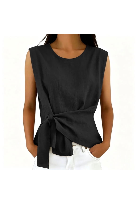 Cotton Linen Sleeveless Tops for Women Side Tie Knot Tank Top Business Dressy Casual Shirts Vacation Work Blouses S-3XL