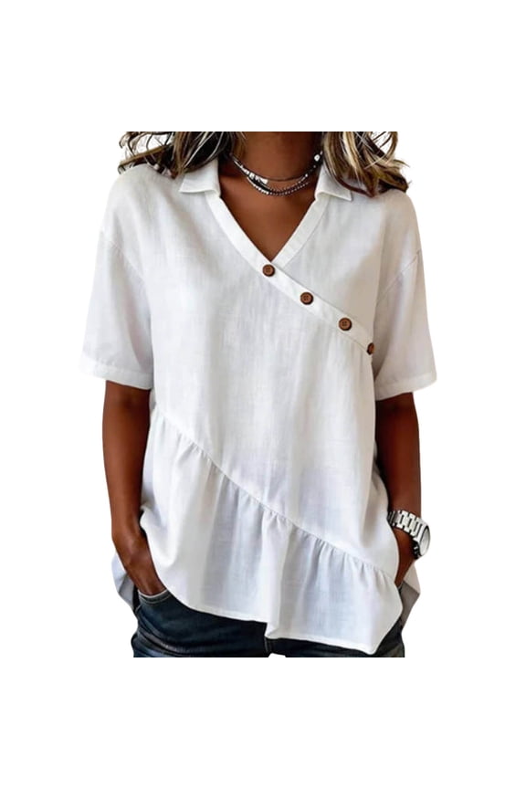 Cotton Linen Tops for Women Asymmetrical Ruffle Short Sleeve Casual Gauze Shirts Dressy Casual Collared V Neck Summer Blouses S-2XL