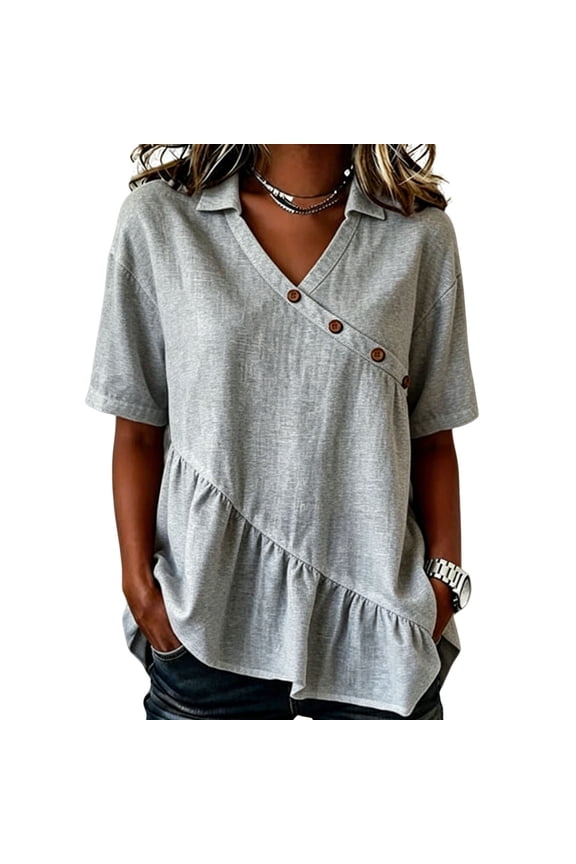 Cotton Linen Tops for Women Asymmetrical Ruffle Short Sleeve Casual Gauze Shirts Dressy Casual Collared V Neck Summer Blouses S-2XL