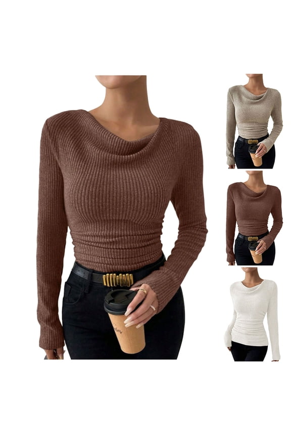 Cowl Neck Tops for Women Trendy Slim Fitted Ribbed Knit Long Sleeve Shirts Soft Comfy Warm Lightweight Sweaters Fall Winter Fashion Blouses