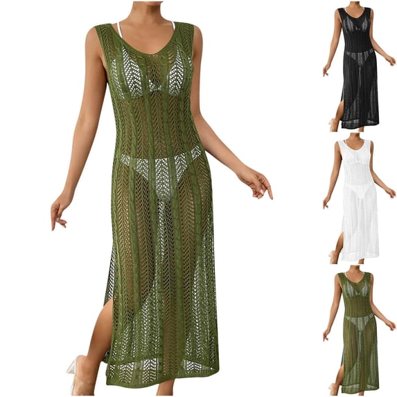 jobturf Crochet Cover Up for Women Trendy Side Split Sleeveless Maxi Dress Y2k Bathing Suit Swimsuit Coverup Summer Beach Dresses