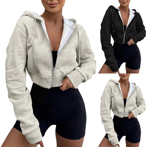 jobturf Crop Jackets for Women Fashion Drawstring Zip up Hoodie Fall Winter Long Sleeve Going Out Tops Lightweight Casual Outerwear