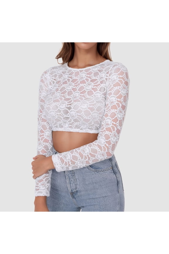 Crop Tops for Women See Through Sheer Long Sleeve Shirts Spring Summer Fashion Floral Lace Y2k Blouses Holiday Bikini Beach Cover Ups