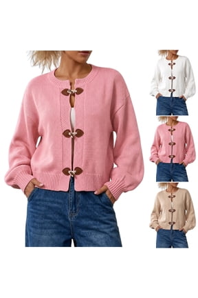 Cropped Cardigan Sweaters for Women Fashion Crew Neck Toggle Button Knit Sweater Long Sleeve Ribbed Hem Fall Jackets S