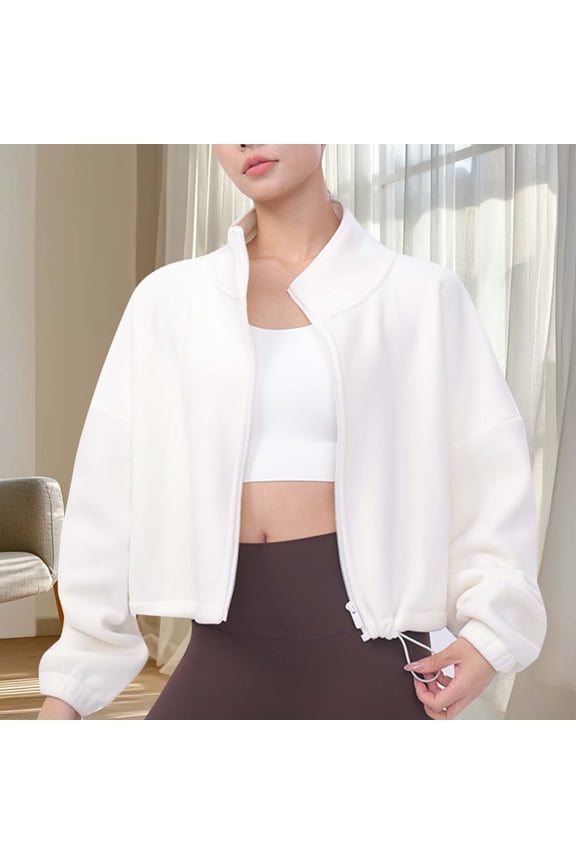 Cropped Jacket Women Athletic Workout Full Zip up Coats Comfy Warm Fleece Casual Outerwear Fall Spring Fashion Long Sleeve Going Out Tops