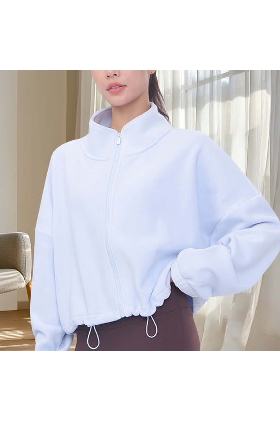 Cropped Jacket Women Athletic Workout Full Zip up Coats Comfy Warm Fleece Casual Outerwear Fall Spring Fashion Long Sleeve Going Out Tops