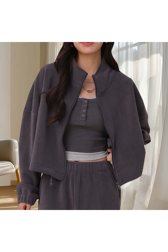 Cropped Jacket Women Athletic Workout Full Zip up Coats Comfy Warm Fleece Casual Outerwear Fall Spring Fashion Long Sleeve Going Out Tops