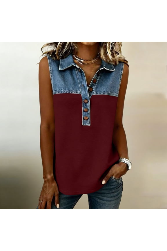 Denim Patchwork Tank Tops for Women Loose Fit Collared V Neck T Shirts Summer Going Out Sleeveless Shirt Vacation Outfits S-XXL
