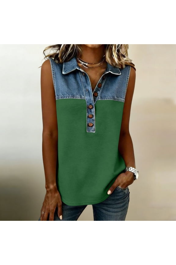 Denim Patchwork Tank Tops for Women Loose Fit Collared V Neck T Shirts Summer Going Out Sleeveless Shirt Vacation Outfits S-XXL