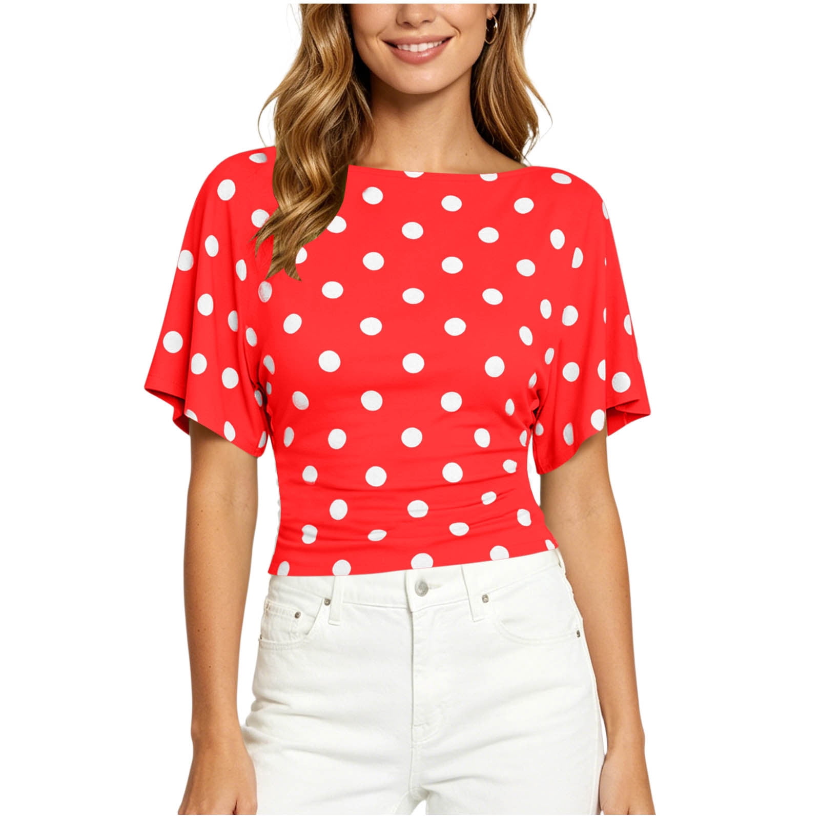 jobturf Dolman Sleeve Tops for Women Polka Dot Ruched Side Casual