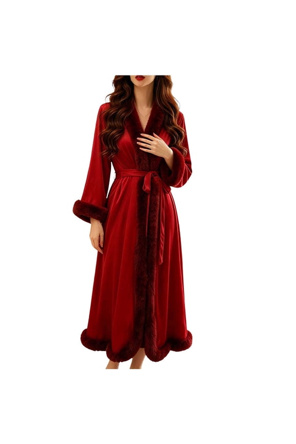 Faux Fur Trim Long Robes for Women Long Sleeve V Neck Wrap Bathrobe Cozy Warm Robe for Wedding Bridal Holiday Loungewear Size M