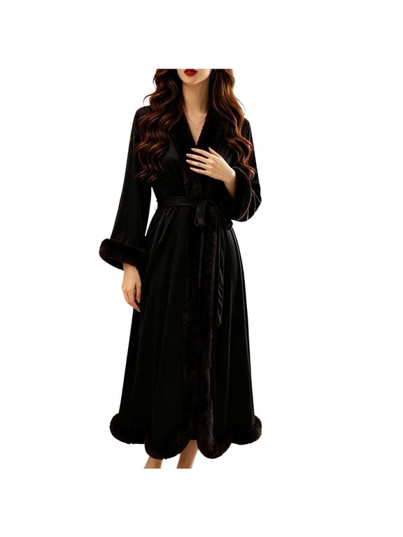 Faux Fur Trim Long Robes for Women Long Sleeve V Neck Wrap Bathrobe Cozy Warm Robe for Wedding Bridal Holiday Loungewear Size M