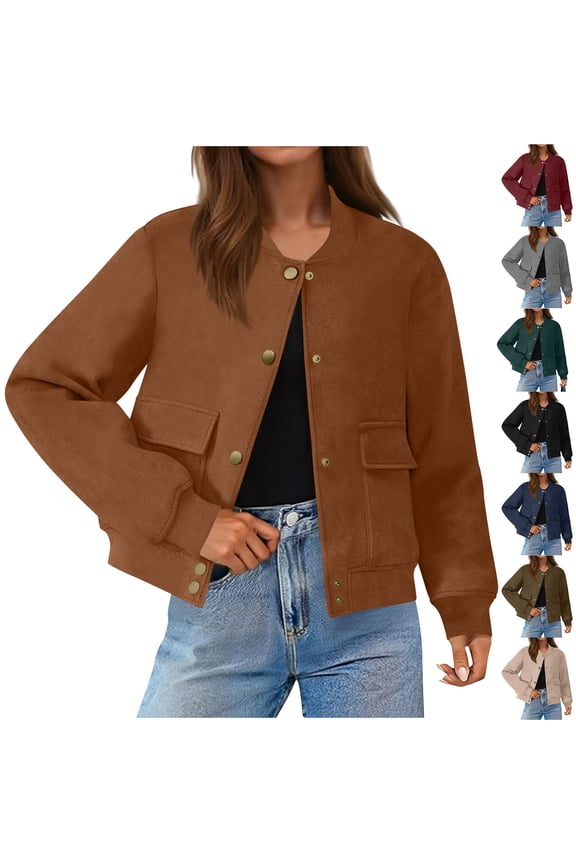 Faux Suede Jacket Women Vintage Cropped Coats Long Sleeve Going Out Tops Fall Winter Fashion Casual Outerwear with Pockets