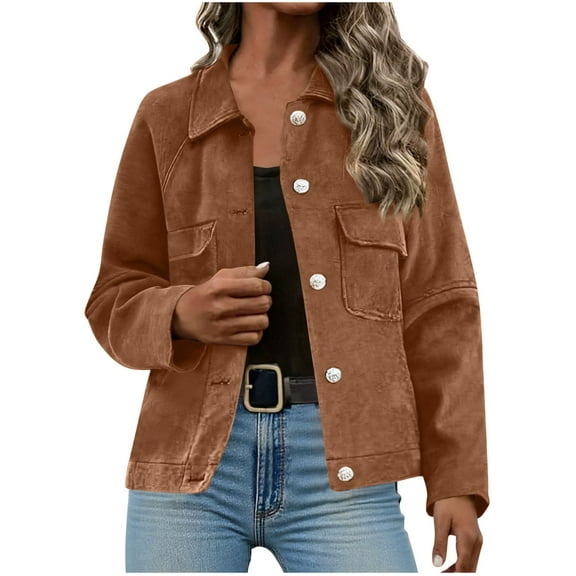jobturf Faux Suede Jacket Women Vintage Fashion Solid Trench Coat Work Office Long Sleeve Button Down Cropped Jacket with Pockets Size XL