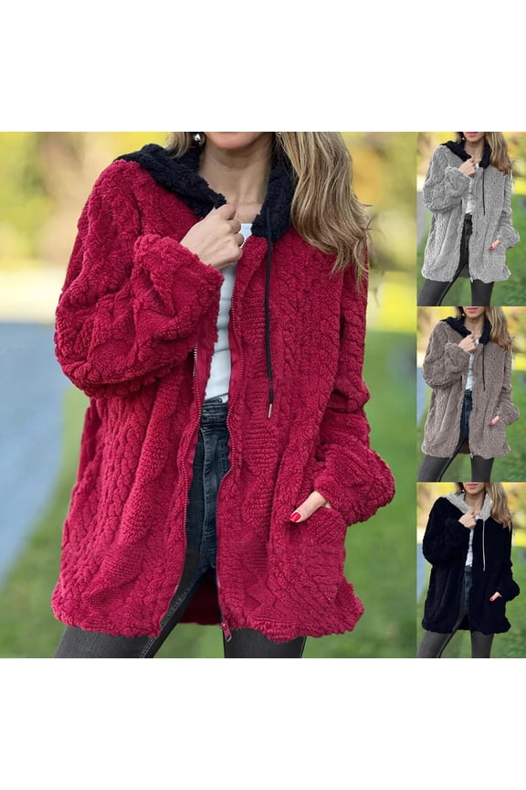 Fleece Hoodie Women Patchwork Color Block Zip up Jacket Soft Comfy Warm Casual Outerwear Fall Winter Fashion Coats with Pockets