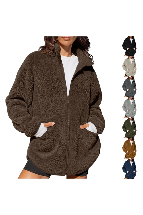 Fleece Jacket Women Casual Loose Full Zip up Sweatshirt Soft Comfy Warm Long Sleeve Going Out Tops Trendy Solid Coat with&nbsp;Pockets