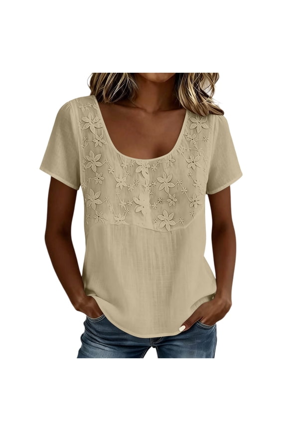 Floral Embroidered Cotton Linen Tops for Women Scoop Neck Short Sleeve Casual Blouses Summer Going Out Gauze Shirts S-2XL