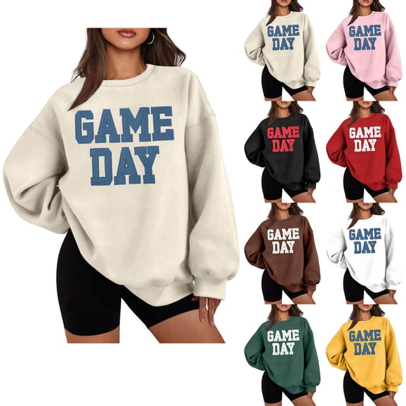 jobturf Football Sweatshirts for Women Game Day Letter Graphic Sweatshirt Soft Fleece Y2k Long Sleeve Crew Neck Pullover Tops L