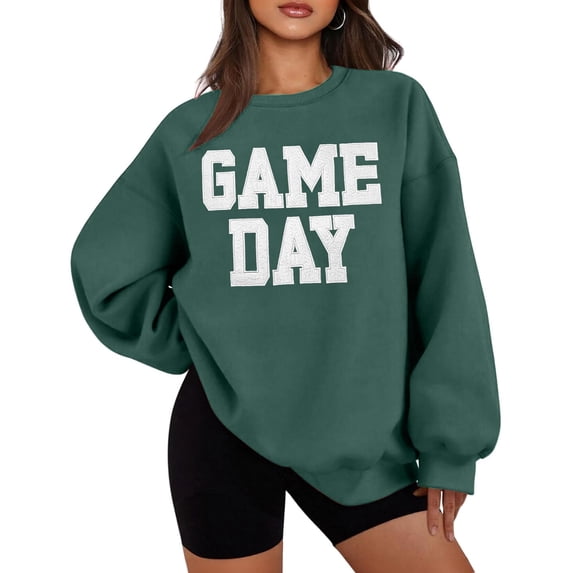 jobturf Football Sweatshirts for Women Game Day Letter Graphic Sweatshirt Soft Fleece Y2k Long Sleeve Crew Neck Pullover Tops M