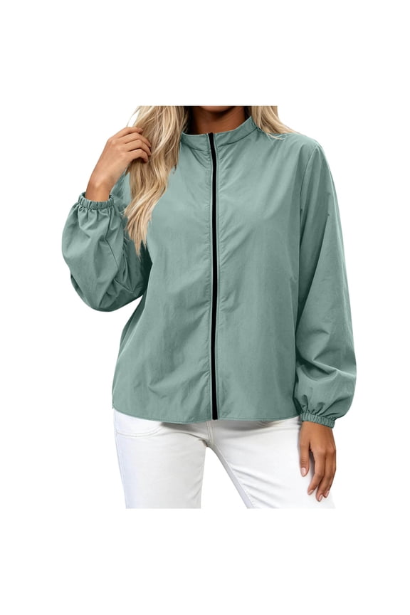 Full Zip up Jackets for Women Stand Collar Lightweight Bomber Jacket Fall Casual Long Sleeve Short Windbreaker Outerwear M-XL