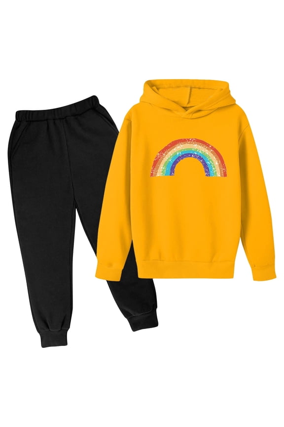 Girls 2 Piece Outfits Rainbow Print Pullover Hoodie and Jogger Pants Set Fall Winter Kids Tracksuit Sets with Pockets 3-14 Years