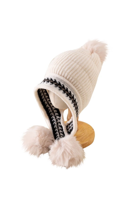 Girls Beanie Fashion Color Block Ribbed Knit Winter Hats with Earflaps Cute Pom Poms Ski Cap for Outdoor Cold Weather Free Size