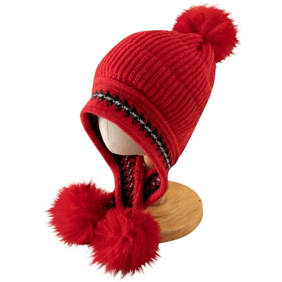 jobturf Girls Beanie Fashion Color&nbsp;Block Ribbed Knit Winter Hats with Earflaps Cute Pom Poms Ski Cap for Outdoor Cold Weather Free Size