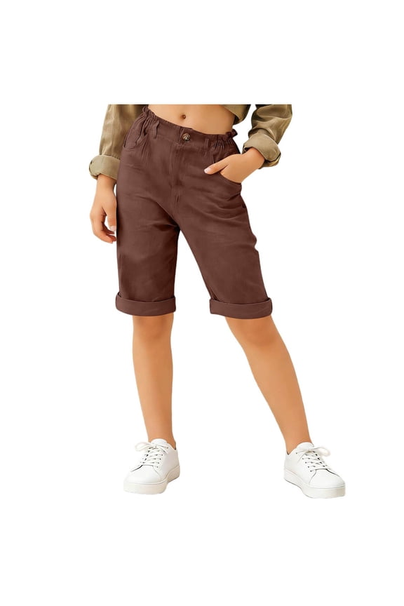 Girls Bermuda Shorts High Waisted Knee Length Baggy Casual Shorts Summer Teen Rolled Hem Pant with Pockets Size 5-16
