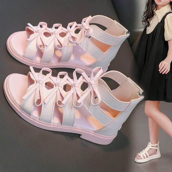 jobturf Girls Bow Gladiators Sandals Toddlers Strappy Open Toe Sandals Summer Flats Shoes with High Back Zipper for Little Girls Big Kids