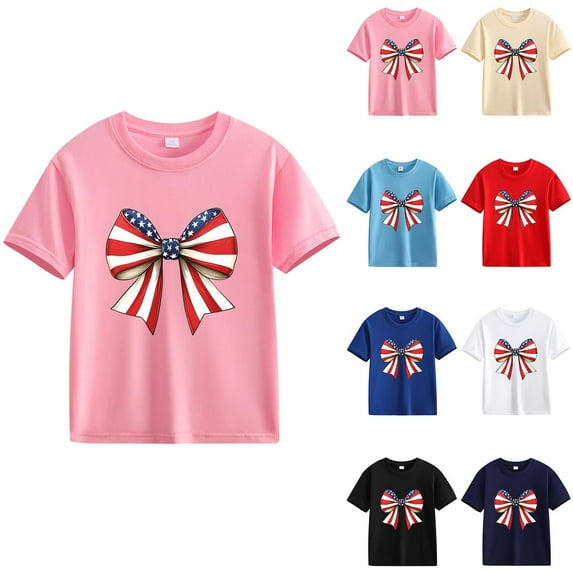 jobturf Girls Clothes 4th of July Cute Short Sleeve Patriotic Shirts Summer Tops Holiday Party Graphic Tees Size 2-13 Years