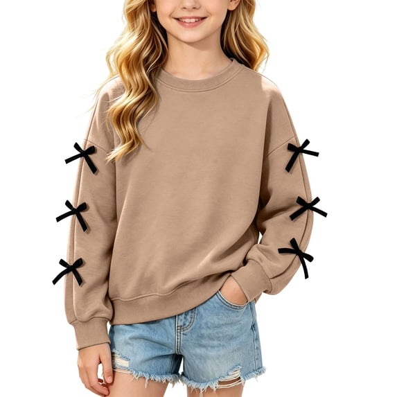 jobturf Girls Crewneck Sweatshirt Cute Black Bow Decor Long Sleeve Pullover Tops Holiday Party Fleece Lined Sweatshirts for Kids 130