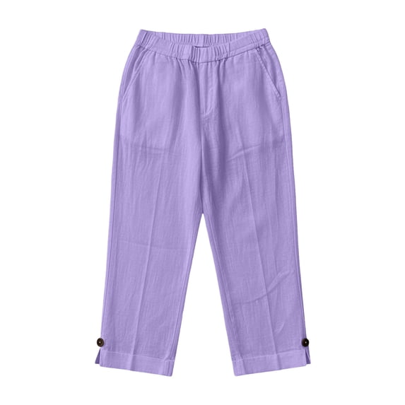 jobturf Girls Linen Pants Side Slit Elastic Waist Cropped Pants Summer Casual Beach Lounge Trousers with Pockets 3-14 Years