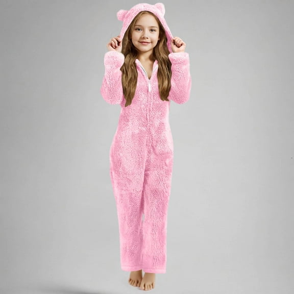 jobturf Girls Pajama Onesies Fuzzy Fleece Long Sleeve Hooded Rompers Casual Kids Full Zip up One Piece Cute Sleepwear 5-15 Years