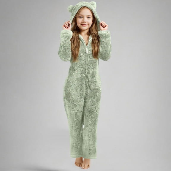 jobturf Girls Pajama Onesies Fuzzy Fleece Long Sleeve Hooded Rompers Casual Kids Full Zip up One Piece Cute Sleepwear 5-15 Years