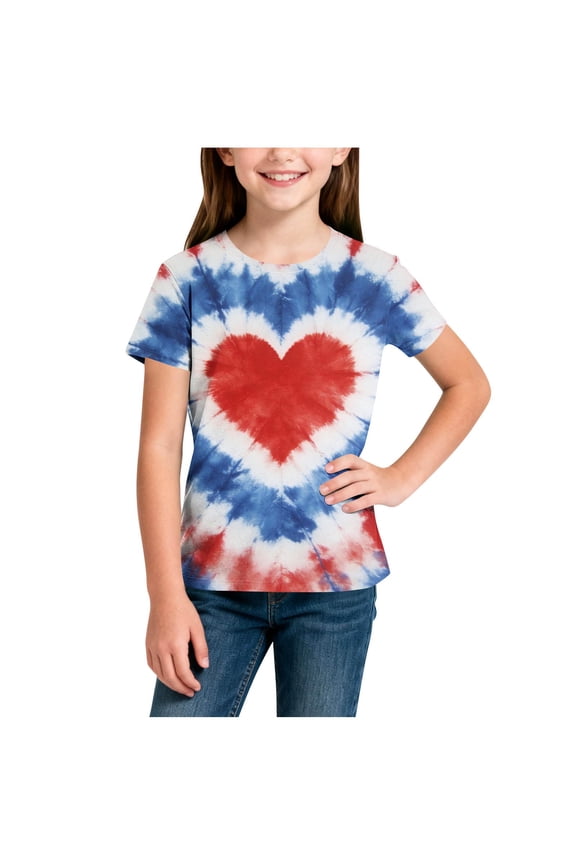 Girls Patriotic Shirt American Flag 4th of July Shirts Short Sleeve Graphic Tees Cute Tops for Kids 3-14 Years