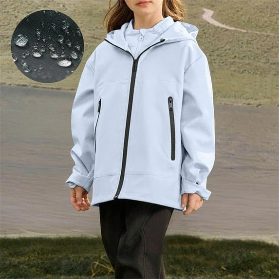 jobturf Girls Rain Jacket Waterproof Windbreaker Preppy Lightweight Full Zip Raincoat Outdoor Hiking Running Outwear with Pockets 3-15 Years