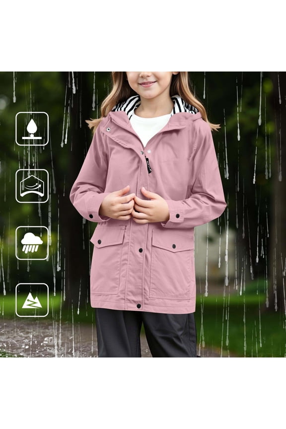 Girls Rain Jackets Lightweight Waterproof Hooded Raincoats Full Zip Button Down Teen Girls Outdoor Windbreakers with Flip Pockets 5-16 Years