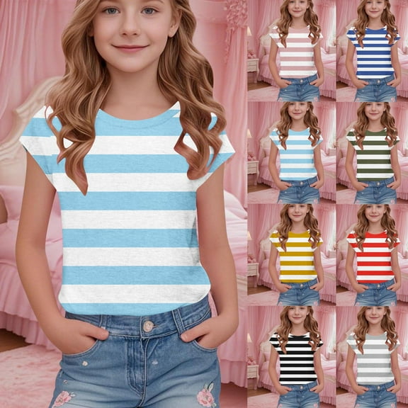 jobturf Girls Shirts Cute Crew Neck Short Sleeve Blouses Fashion Striped Basic Tees Holiday Beach Vacation Summer Tops Size 5-15 Years