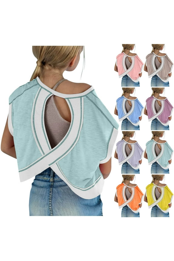 Girls Shirts Fashion Open Back Backless Short Sleeve Blouses Casual Loose Basic Tees Summer Breathable Yoga Workout Tops Size 4-14 Years