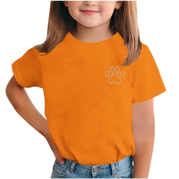 jobturf Girls Shirts Short Sleeve Rhinestone Paw Graphic T-Shirts Plain Basic Tees Summer Tops for Kids 1-13 Years
