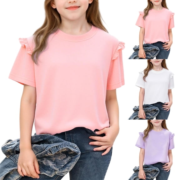 jobturf Girls Short Sleeve Shirts Cute Ruffle Crew Neck Basic Tees Holiday Loose Blouses Summer Beach Vacation Going Out Tops for Kids 3-13 Years