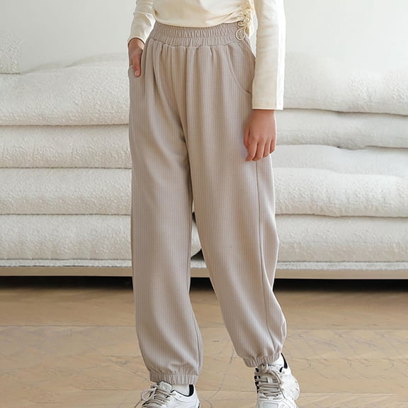 jobturf Girls Sweatpants Waffle Elastic Waist Full Length Jogger Pants Loose Fit Casual Workout Tapered Pants with Pockets 3-15 Years