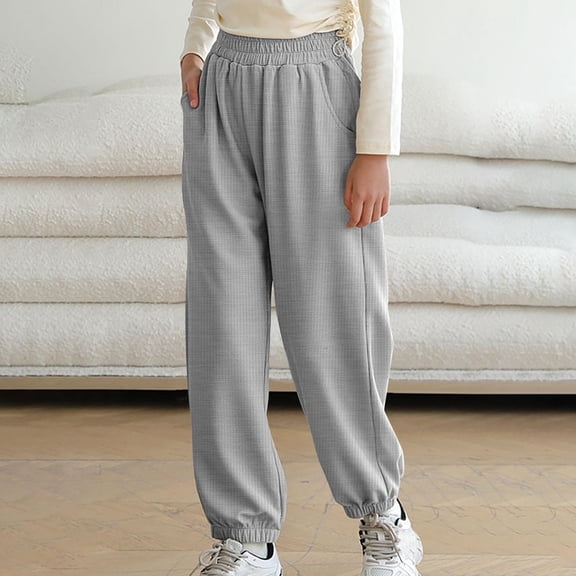 jobturf Girls Sweatpants Waffle Elastic Waist Full Length Jogger Pants Loose Fit Casual Workout Tapered Pants with Pockets 3-15 Years