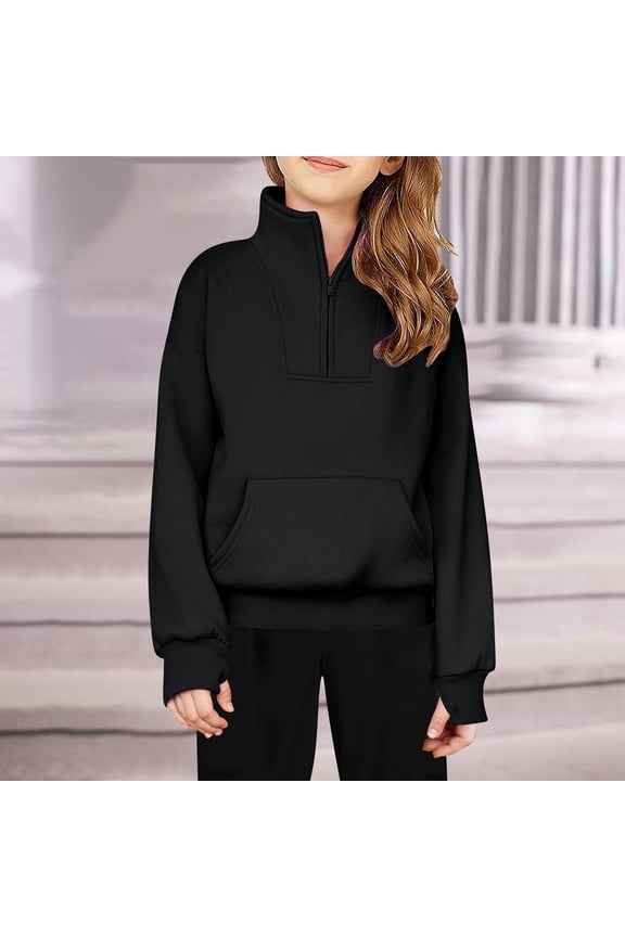 Girls Sweatshirt Fleece Quarter Zip Stand Neck Long Sleeve Pullover Tops with Pockets Fall Winter Fleece Hoodies with Thumb Hole 5-14 Years