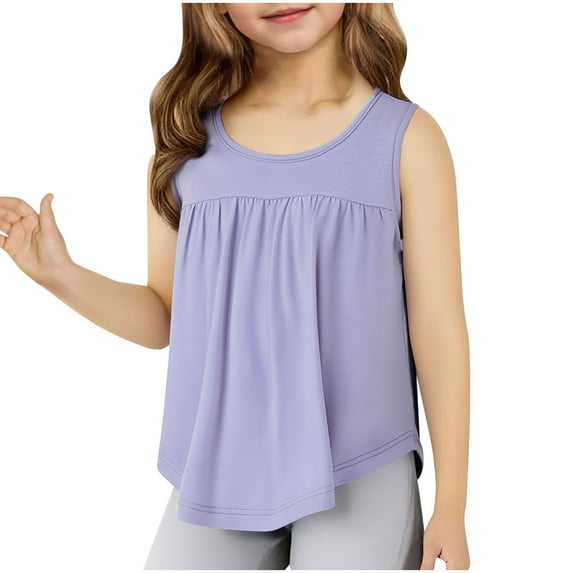 jobturf Girls Tank Tops Trendy Curved Hem Pleated Front Sleeveless Shirts Loose Basic Tees Beach Vacation Summer Blouses for Kids 3-14 Years