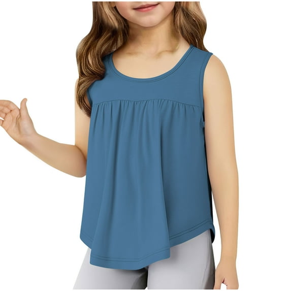 jobturf Girls Tank Tops Trendy Curved Hem Pleated Front Sleeveless Shirts Loose Basic Tees Beach Vacation Summer Blouses for Kids 3-14 Years