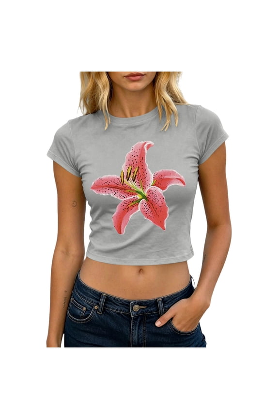 Graphic Crop Tops for Women Trendy Slim Fit Short Sleeve Shirts Lily Flower Print Basic Tees Summer Going Out T-Shirt S-2XL