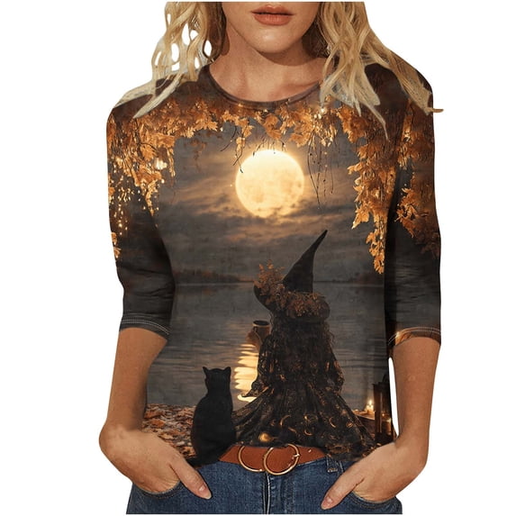 jobturf Halloween 3/4 Length Sleeve Womens Tops Trendy Ghost Pumpkin Graphic Tees Cute Festival Top Fall Plus Size T Shirts 4X-Large