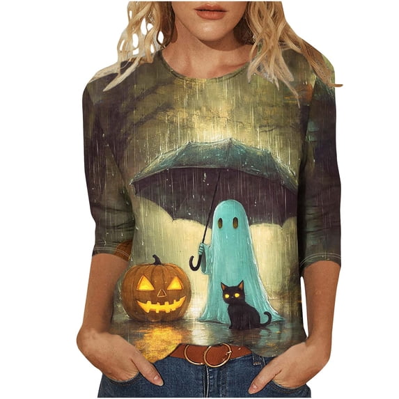 jobturf Halloween 3/4 Length Sleeve Womens Tops Trendy Ghost Pumpkin Graphic Tees Cute Festival Top Fall Plus Size T Shirts XL